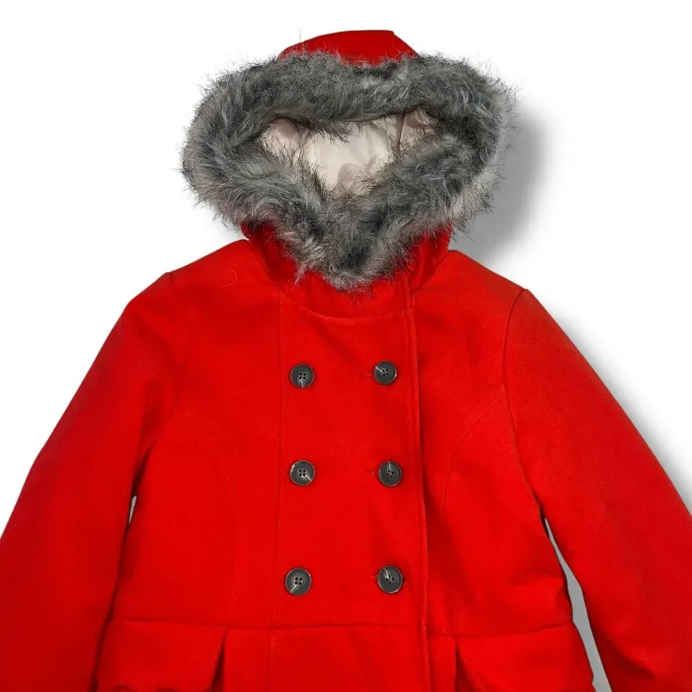 Cat & Jack Girls Dress Coat Jacket Faux Fur Hood Double Breasted Knee Length Red